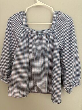 J. Crew Blue and White Gingham Square-Neck Blouse